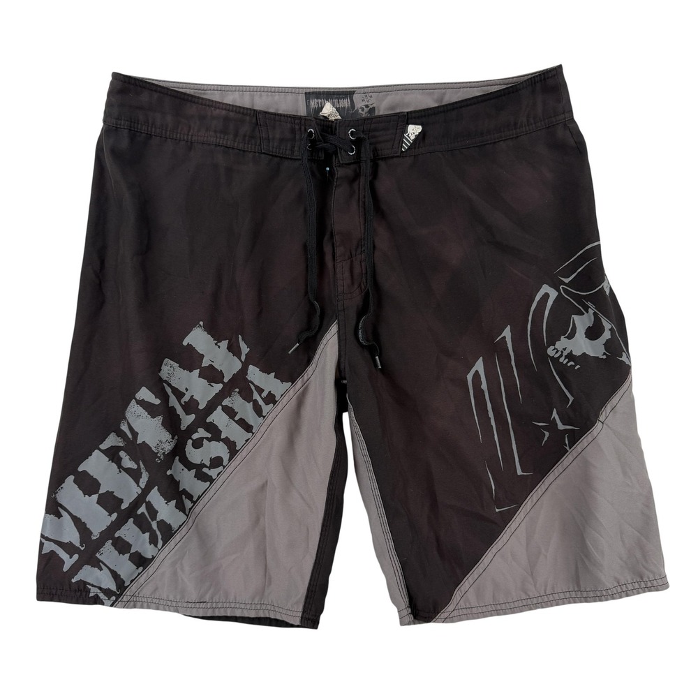 Metal Mulisha Board Shorts Mens 40 Black Skull Cross Surf Trunks Graphic Y2K